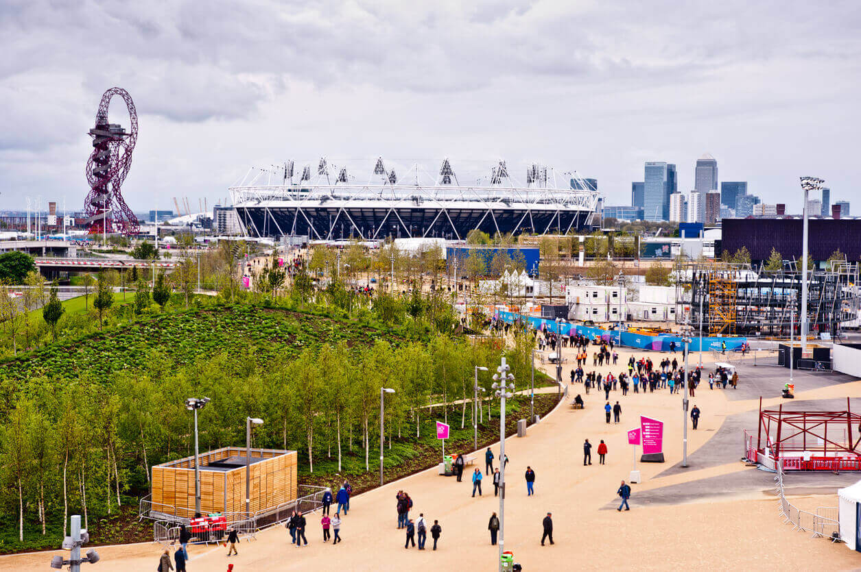 Stratford Olympic Park during London 2012, filled with athletes